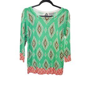Joseph A. Small Green & Red Geometric Print Womens 3/4 Sleeve Top 2495